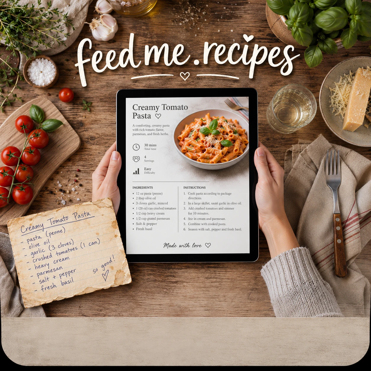 feedme.recipes — a creamy tomato pasta recipe shown on a tablet beside its handwritten recipe card